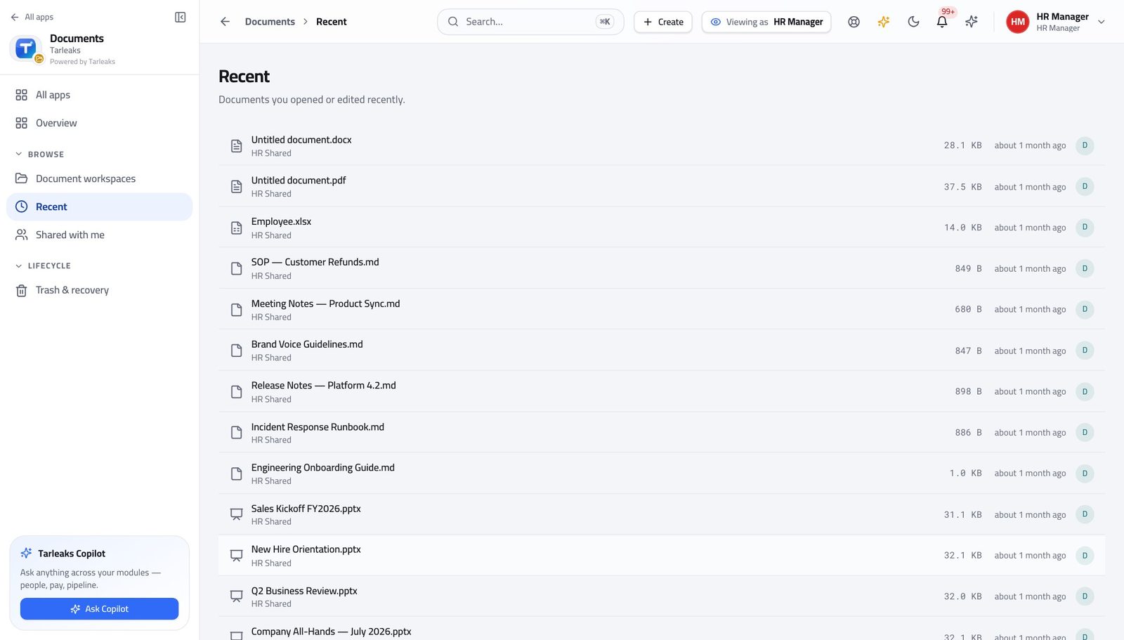Records Manager view of see what changed lately in Tarleaks ERP