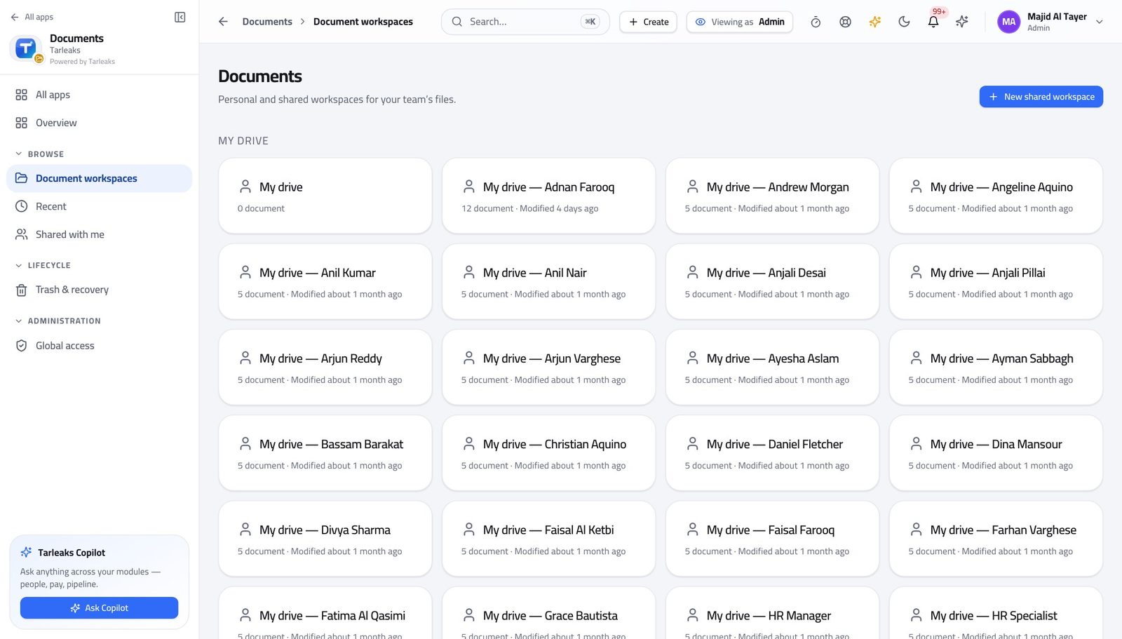 Tenant Administrator view of create a workspace in Tarleaks ERP