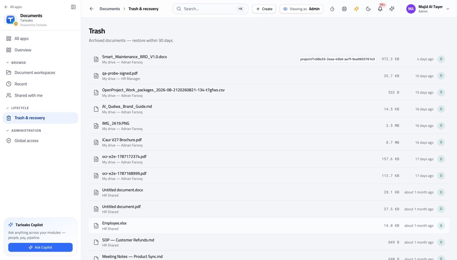 Tenant Administrator view of recover something deleted by mistake in Tarleaks ERP