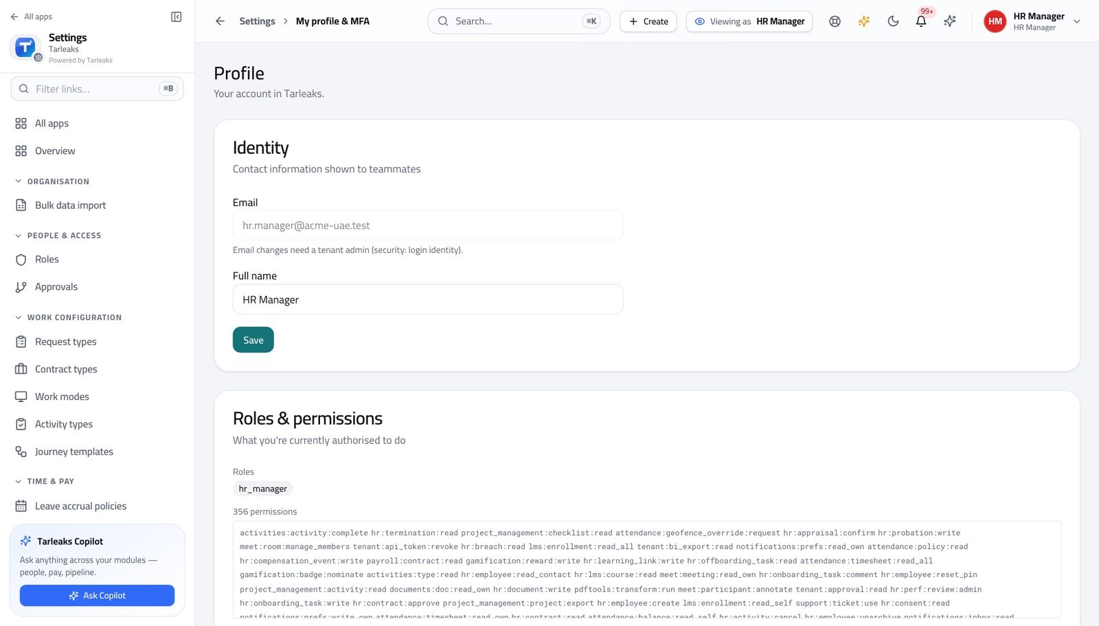 HR Manager view of check what your sign-in can do in Tarleaks ERP