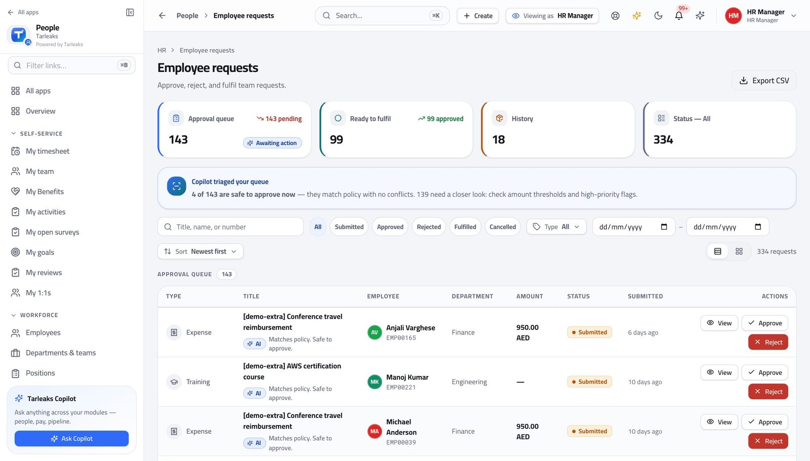 HR Manager — Decide what is waiting on you in Tarleaks ERP