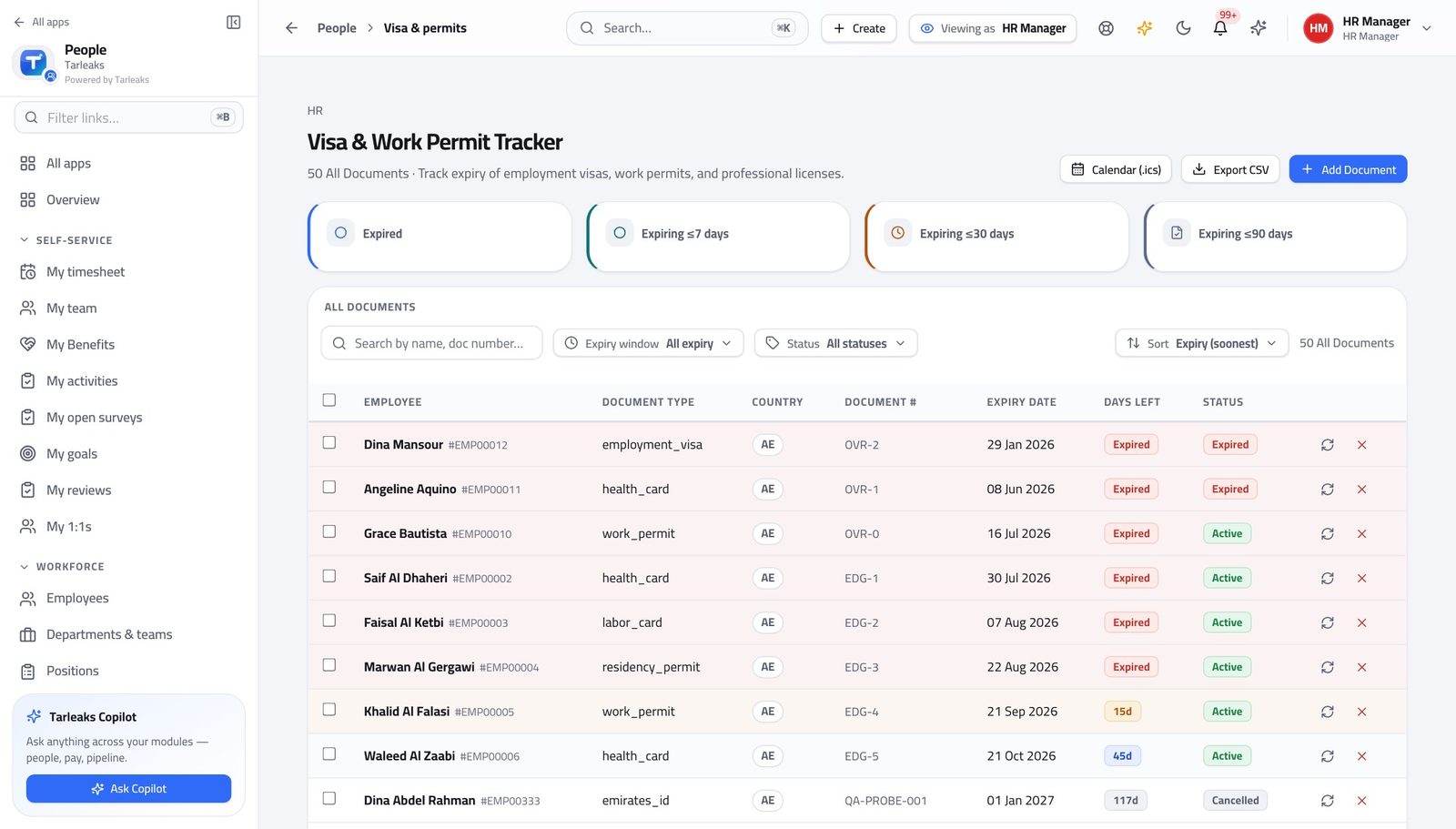 HR Manager — Catch an expiring permit before it expires in Tarleaks ERP