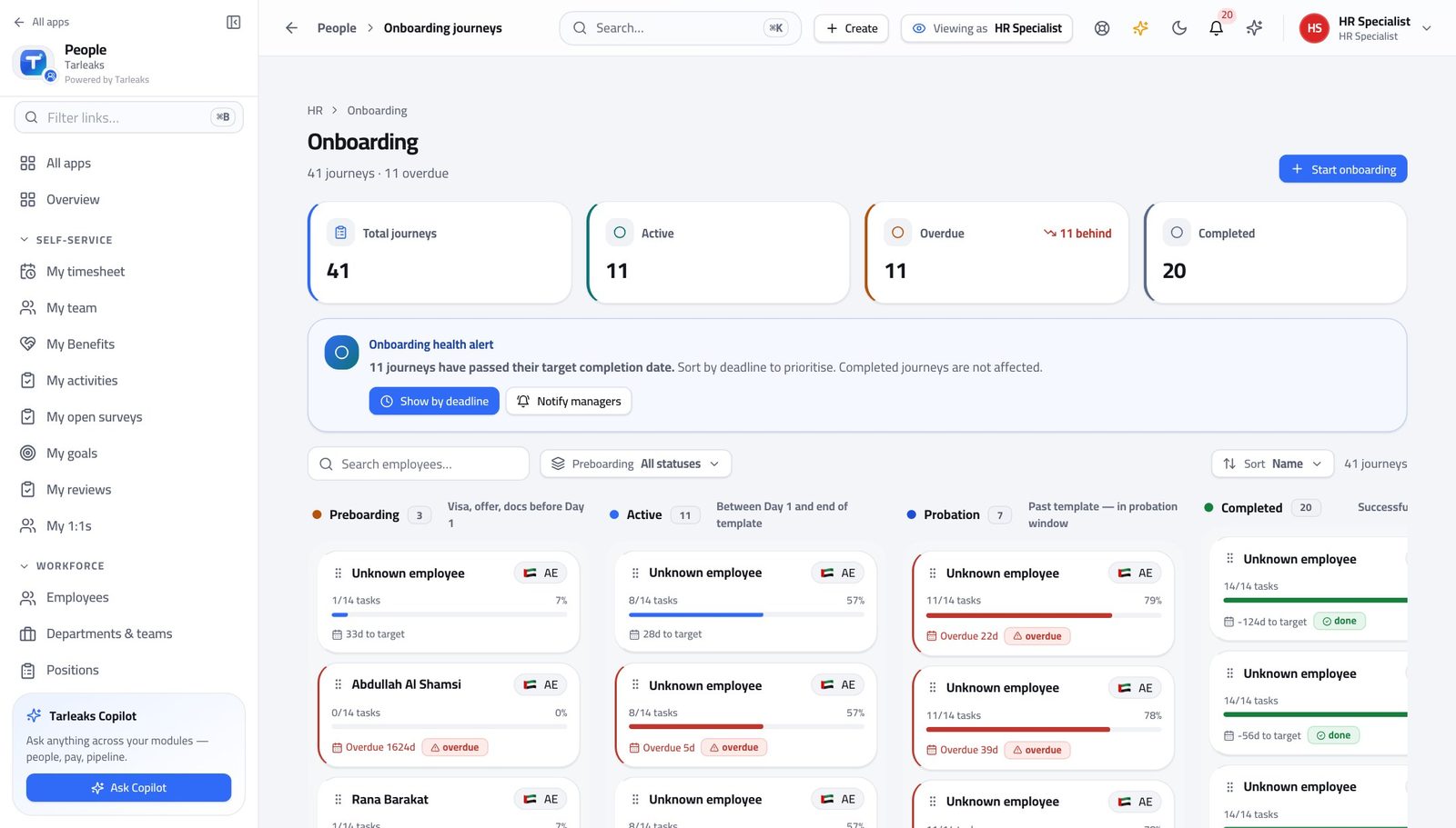 HR Specialist view of start somebody's onboarding in Tarleaks ERP