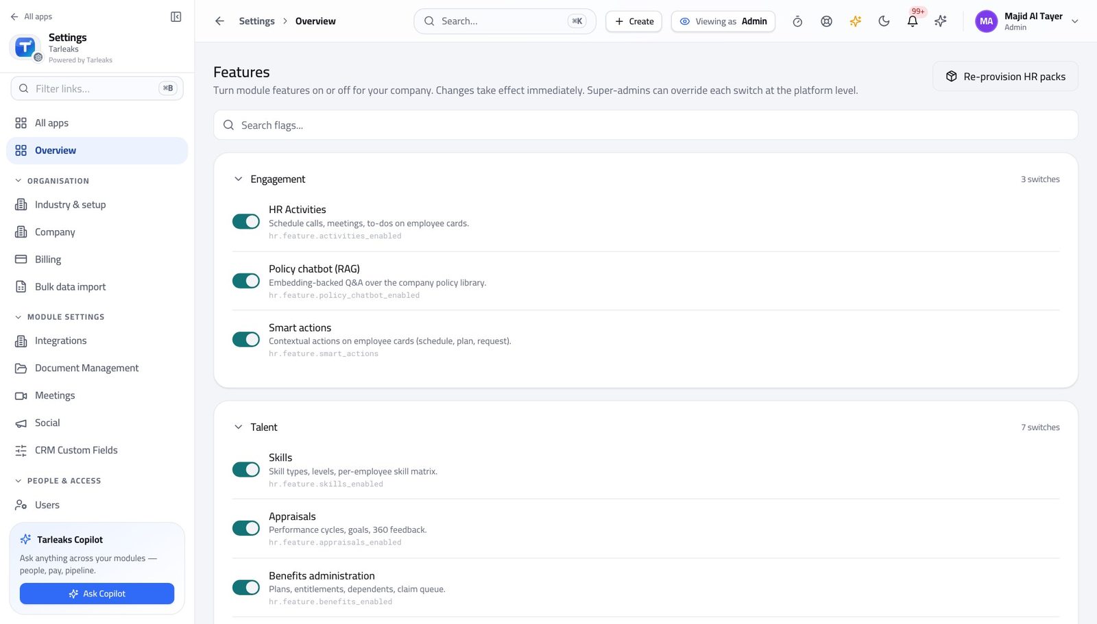 Tenant Administrator view of set document types and their retention in Tarleaks ERP