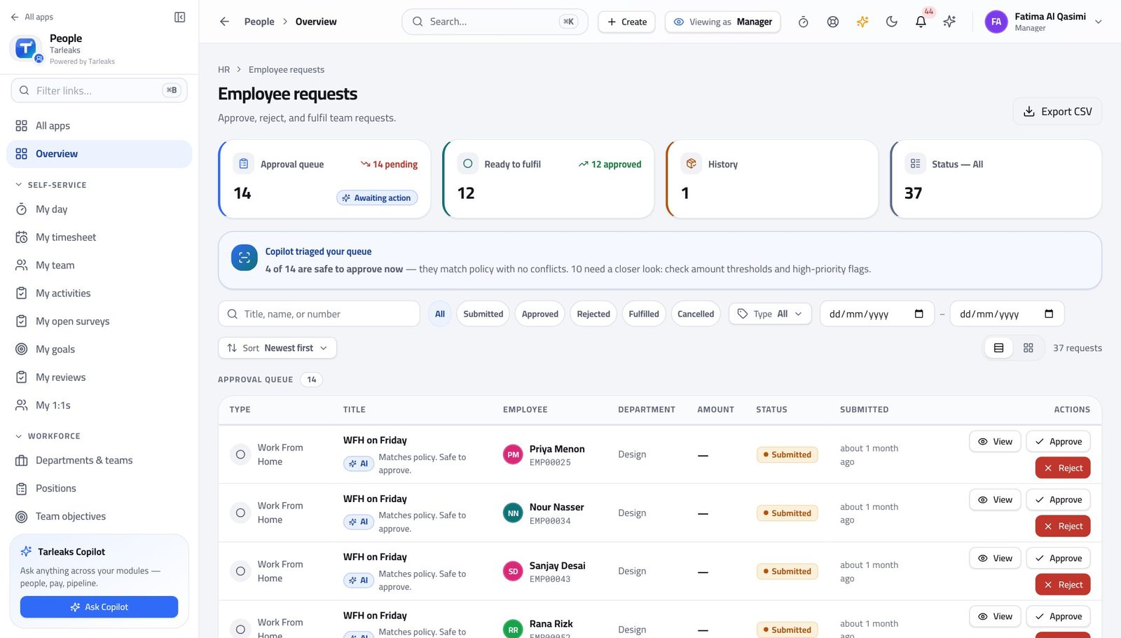 Line Manager view of decide your team's requests in Tarleaks ERP