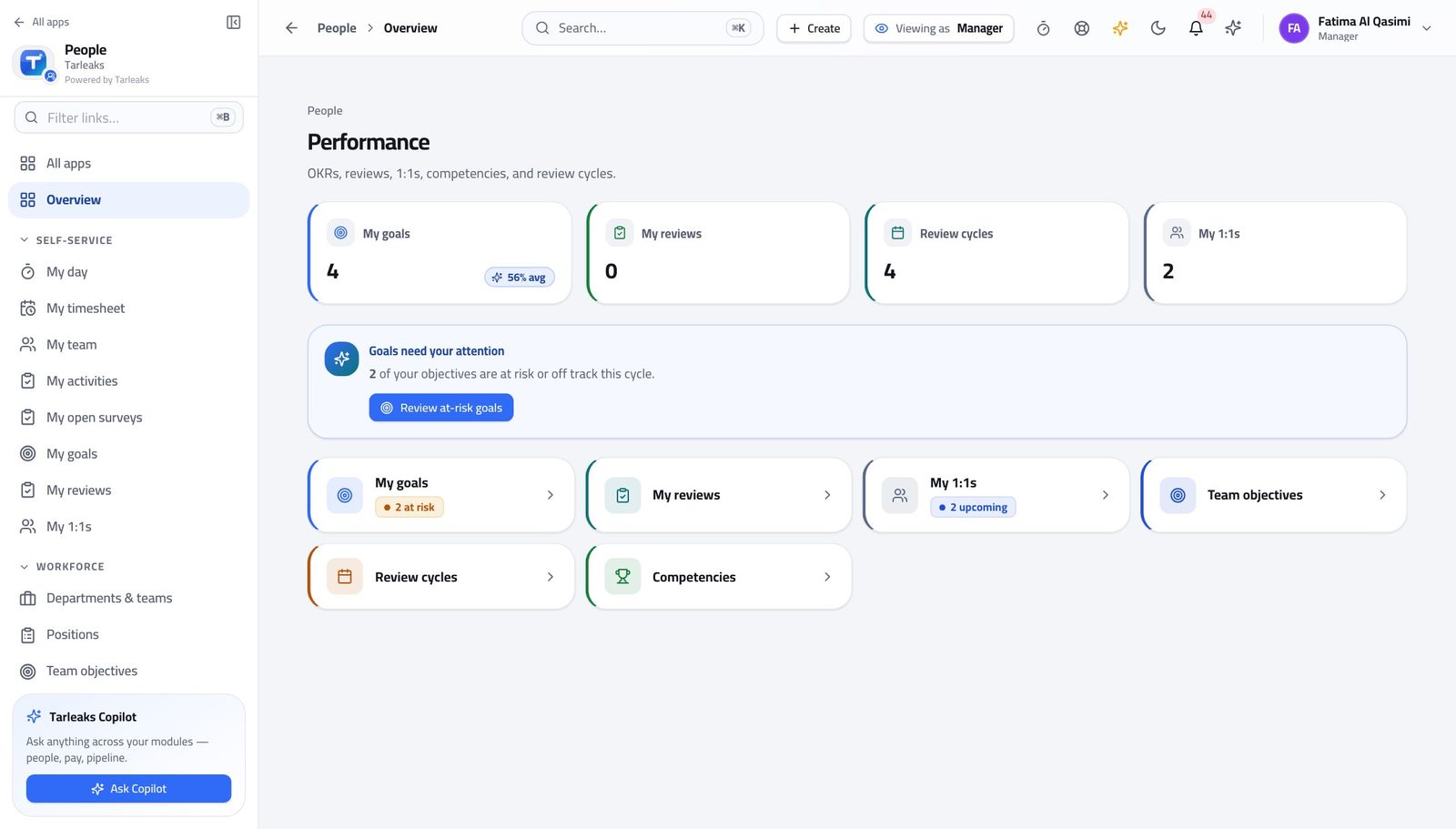 Line Manager view of follow your team's goals and reviews in Tarleaks ERP