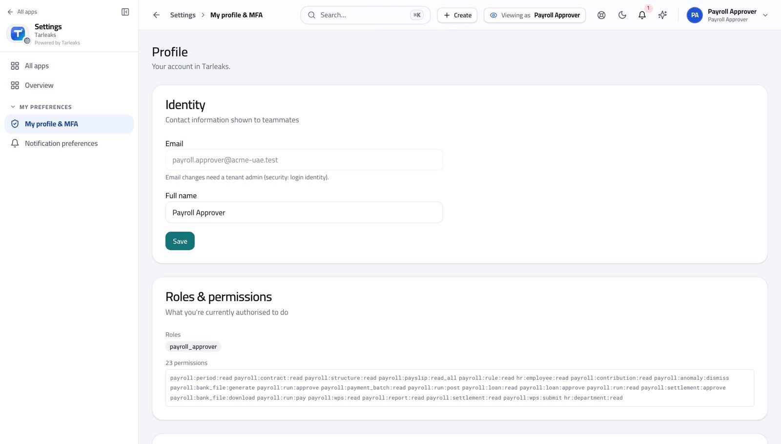 Payroll Approver view of check what your sign-in can do in Tarleaks ERP