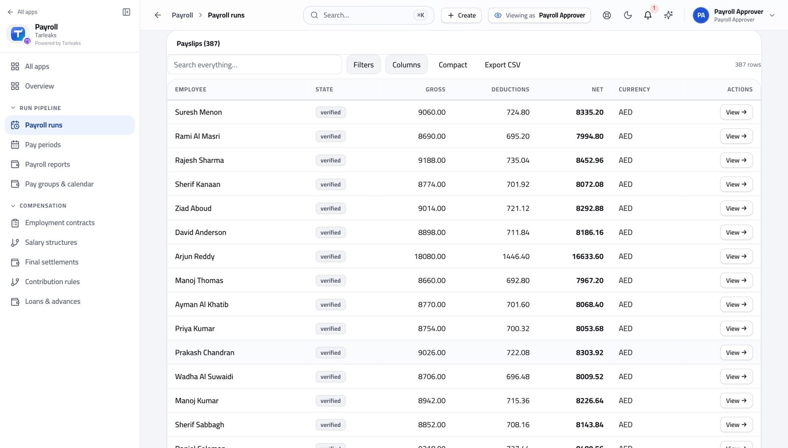 Payroll Approver view of read the run's history before adding to it in Tarleaks ERP