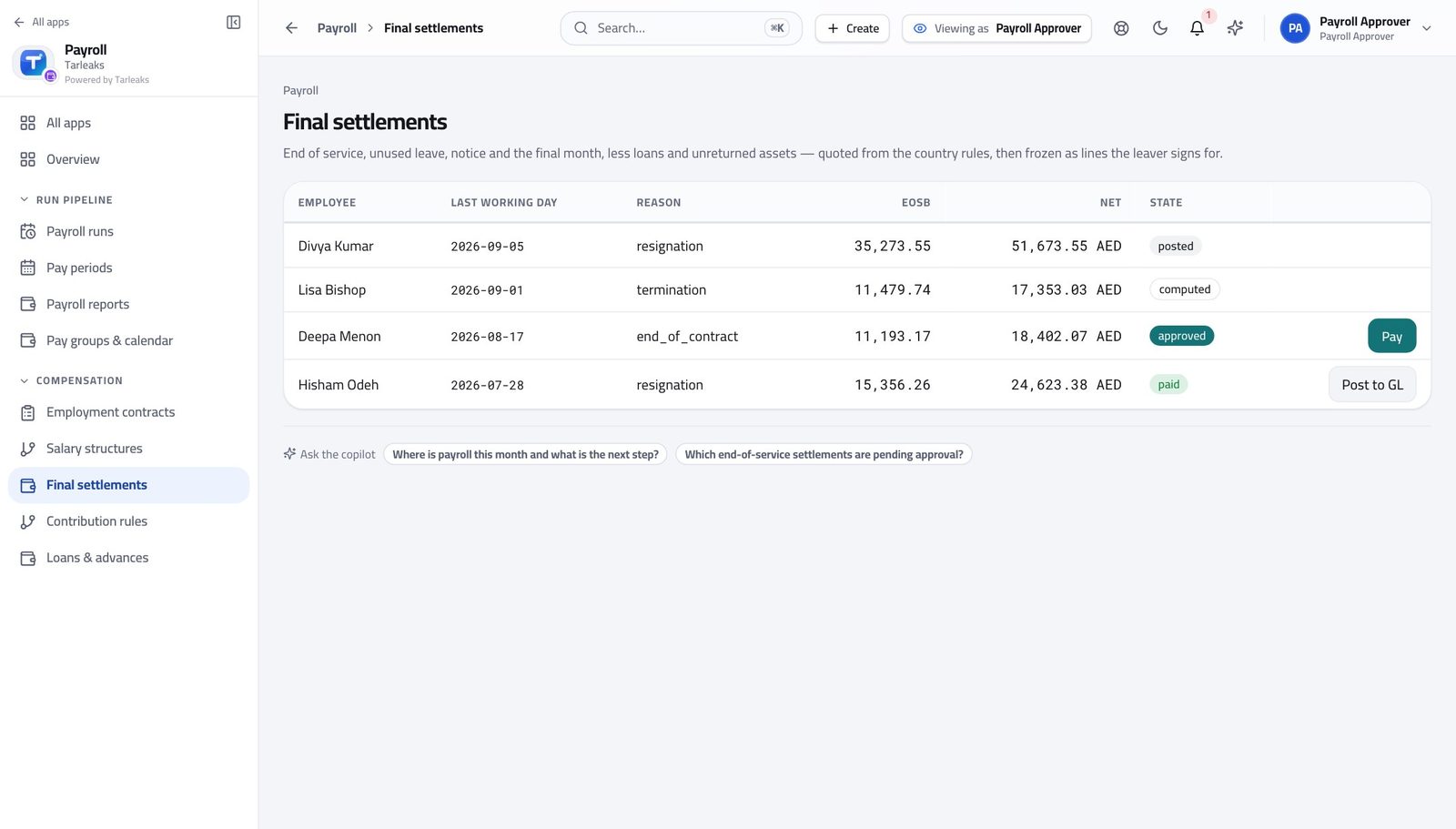 Payroll Approver view of decide on the leavers waiting for you in Tarleaks ERP