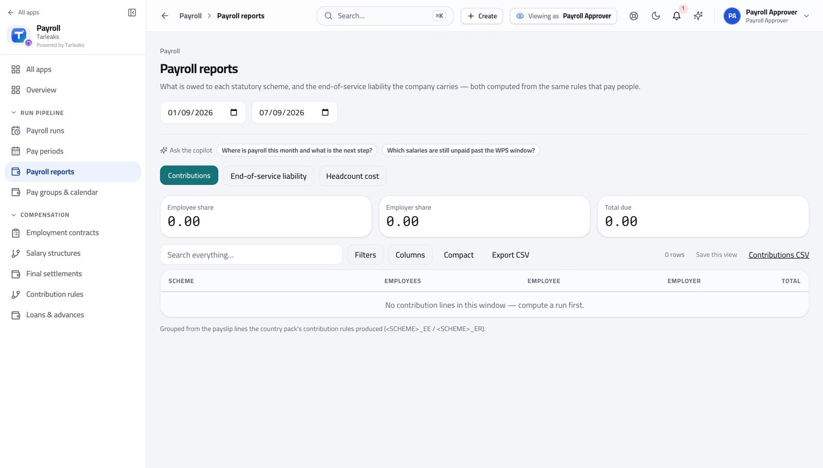 Payroll Approver view of check what the employer owes before you release the money in Tarleaks ERP