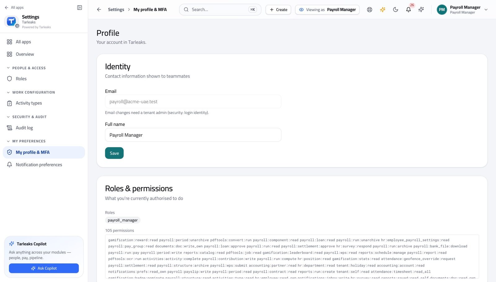 Payroll Manager view of check what your sign-in can do in Tarleaks ERP