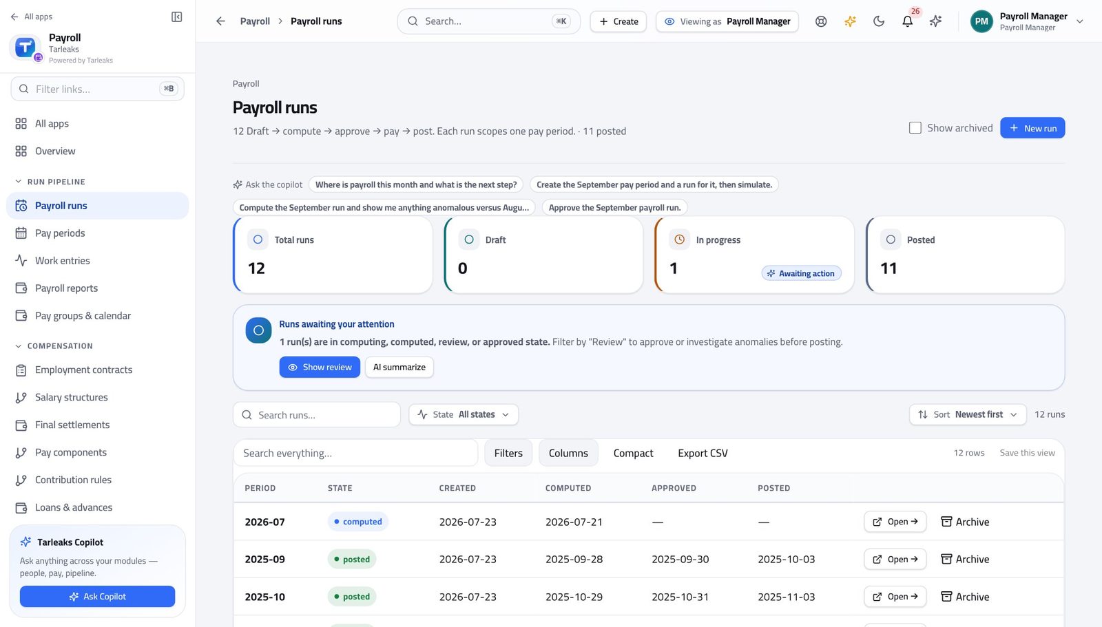 Payroll Manager view of open the run register in Tarleaks ERP