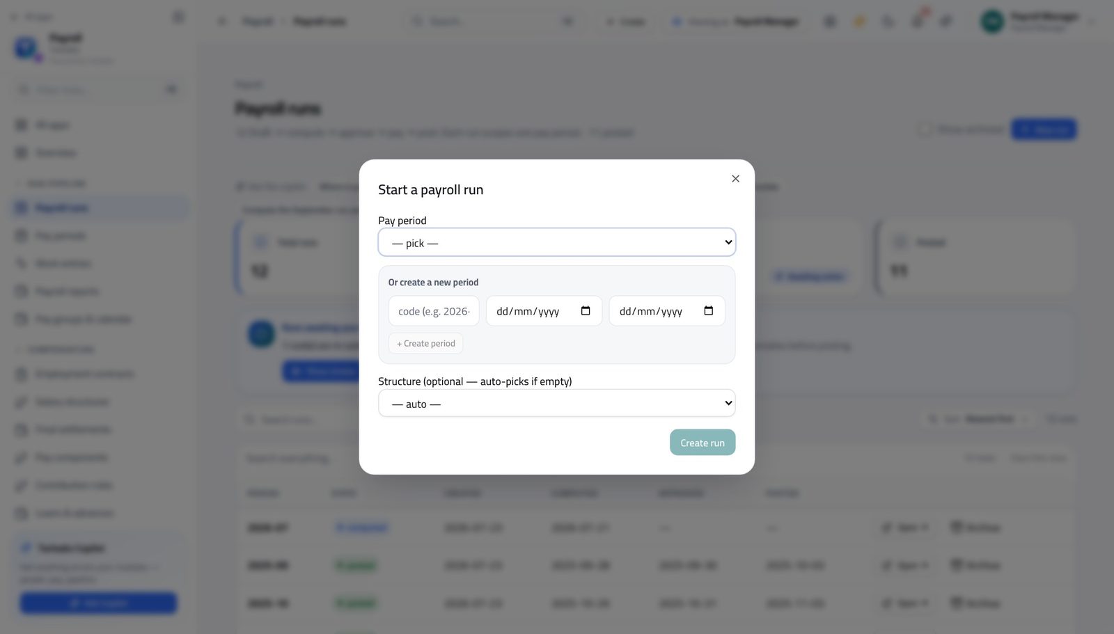 Payroll Manager view of start the run in Tarleaks ERP