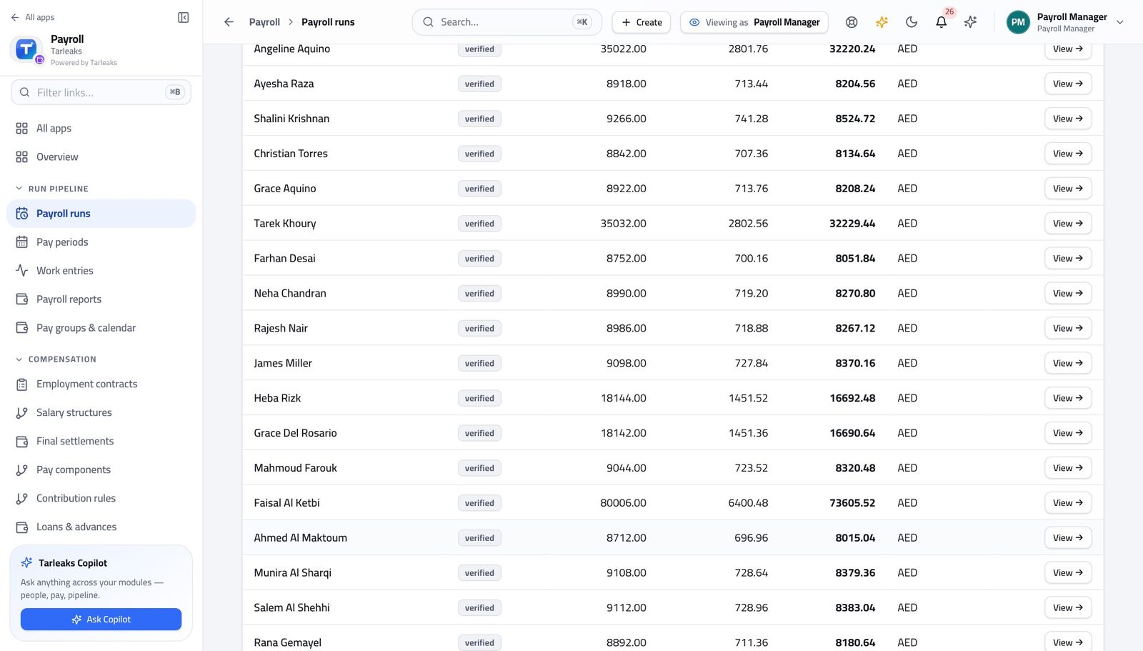 Payroll Manager view of read the run's own history in Tarleaks ERP