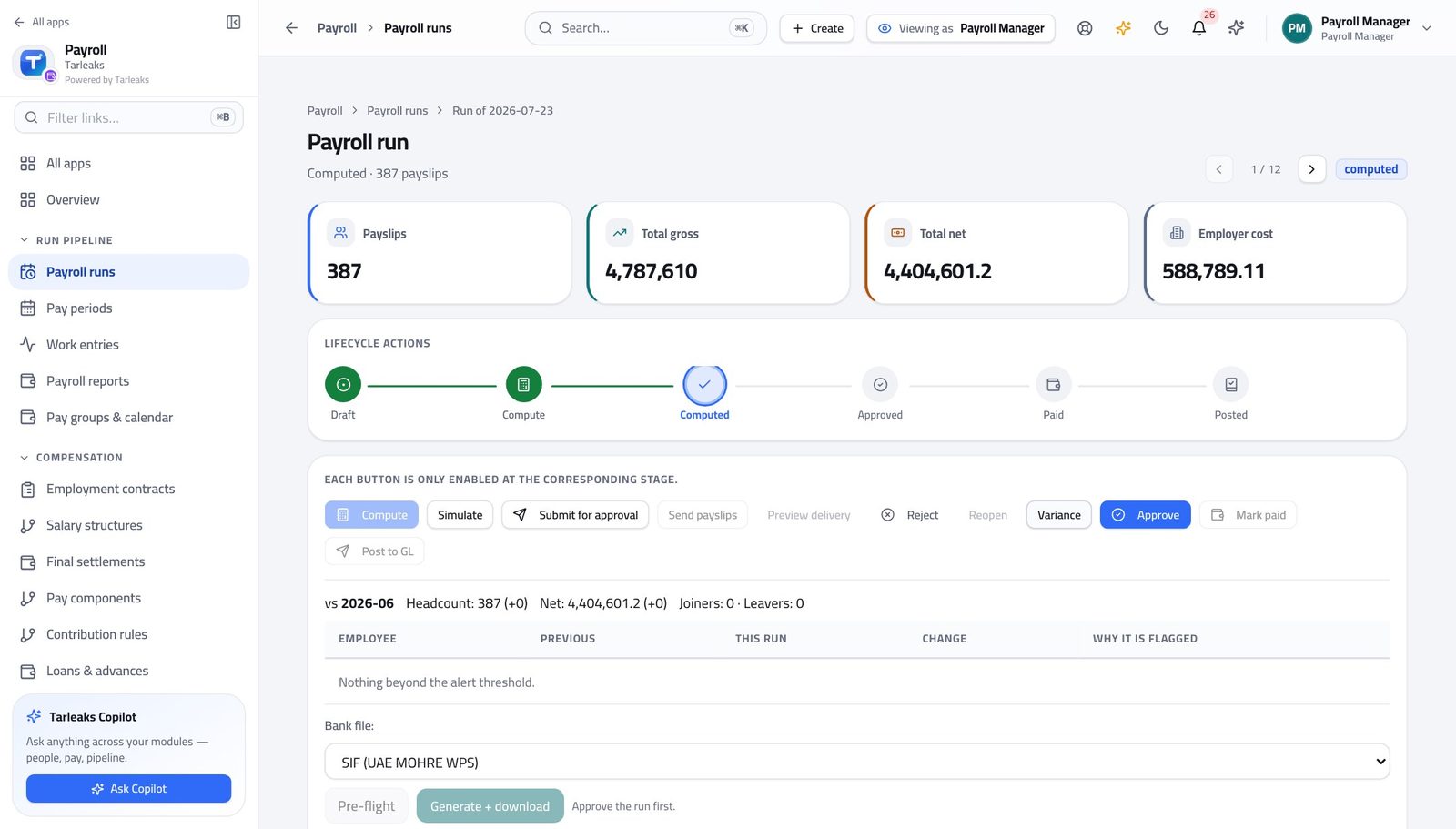 Payroll Manager view of compare this month with last month in Tarleaks ERP