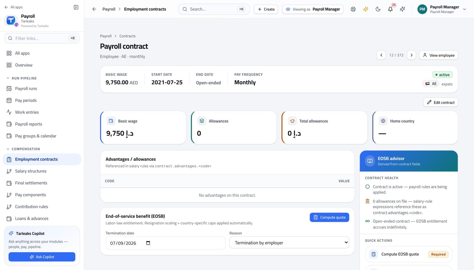 Payroll Manager view of ask what it would cost if somebody left in Tarleaks ERP