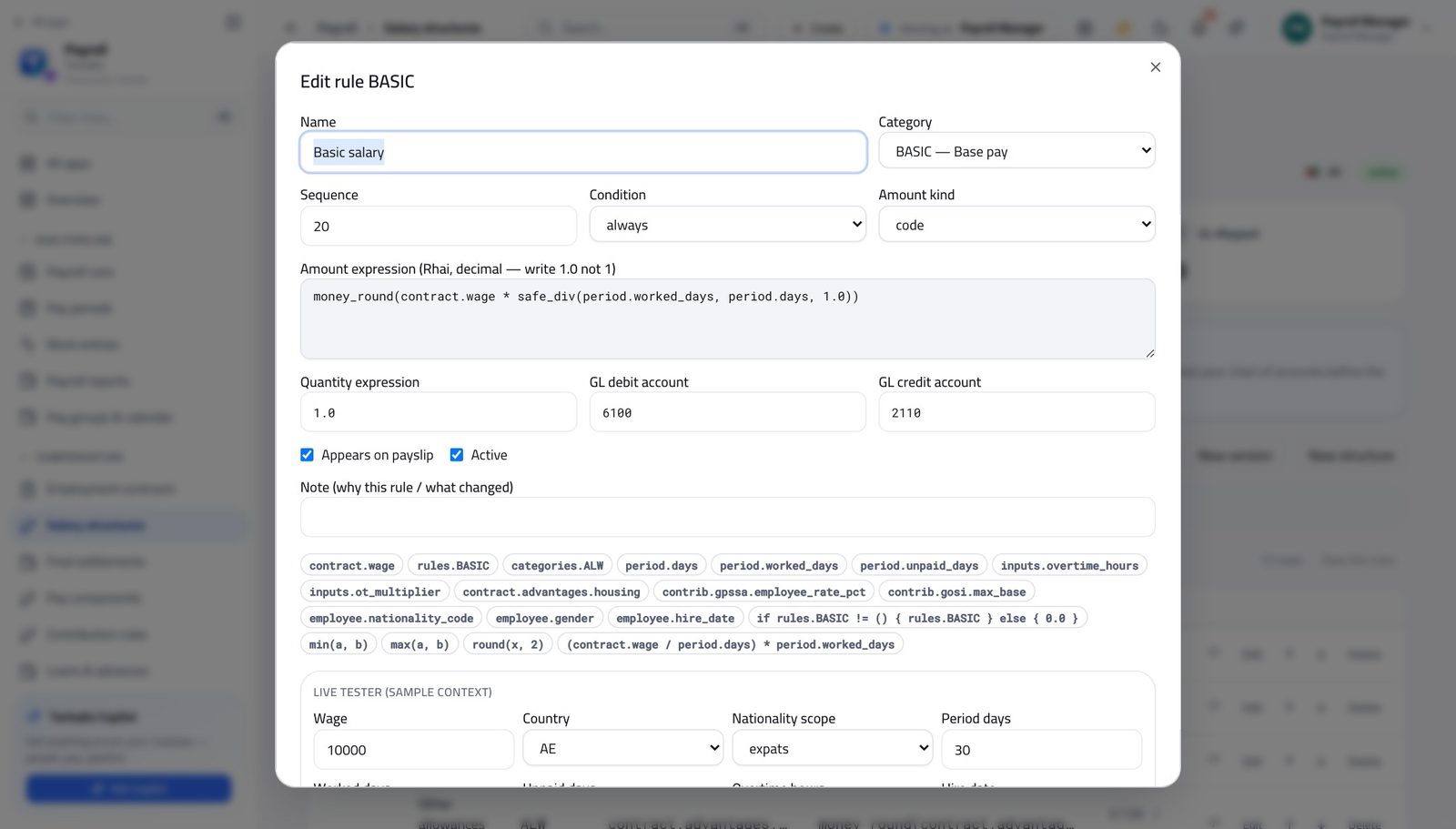 Payroll Manager view of test a pay rule before it touches a payslip in Tarleaks ERP