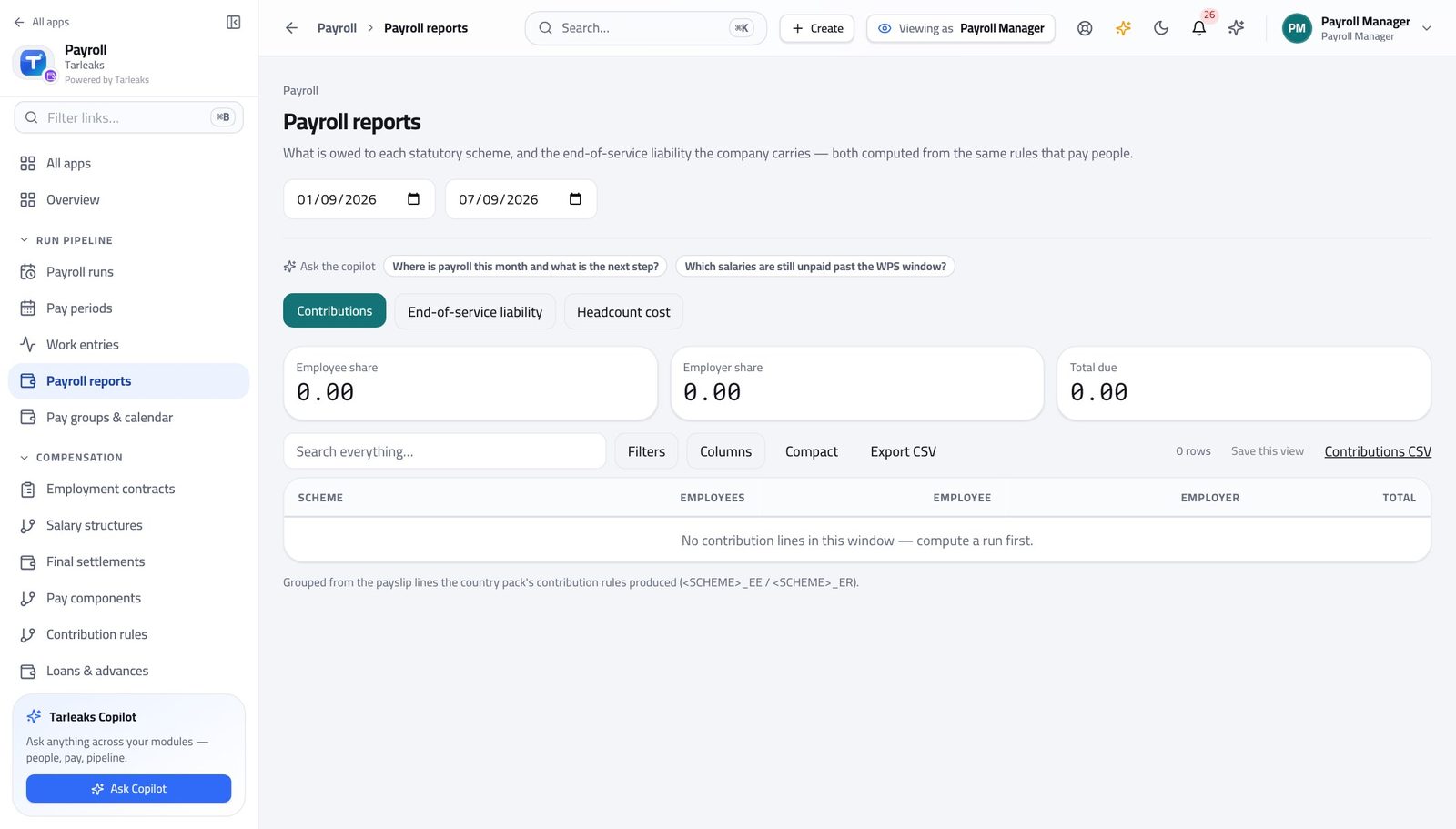 Payroll Manager view of read what the month cost and what is owed in Tarleaks ERP