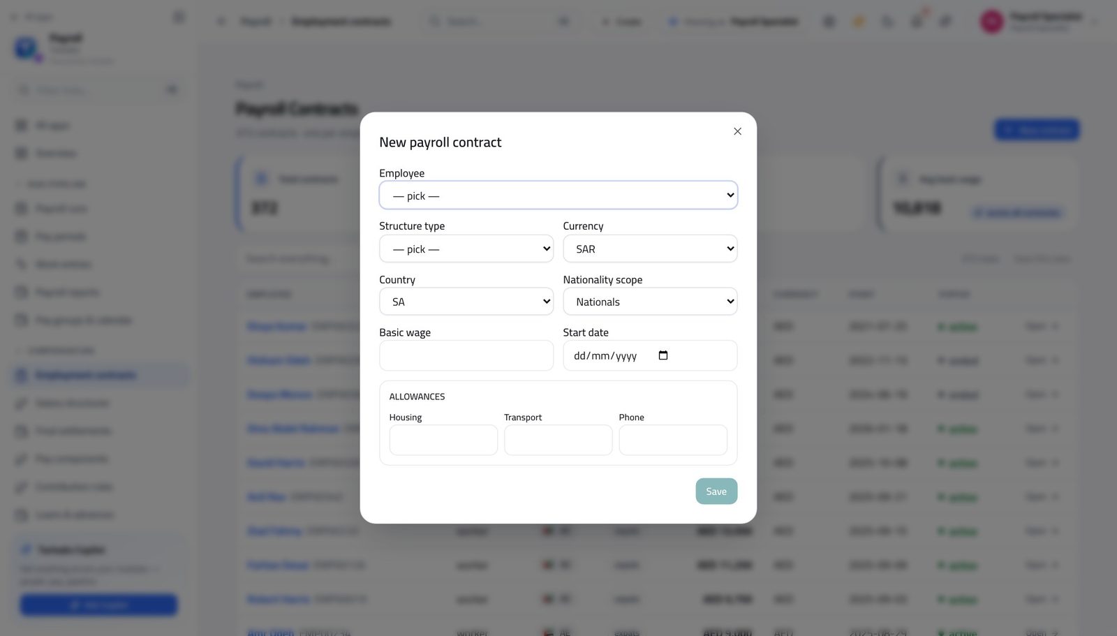 Payroll Specialist view of put a new joiner on the payroll in Tarleaks ERP