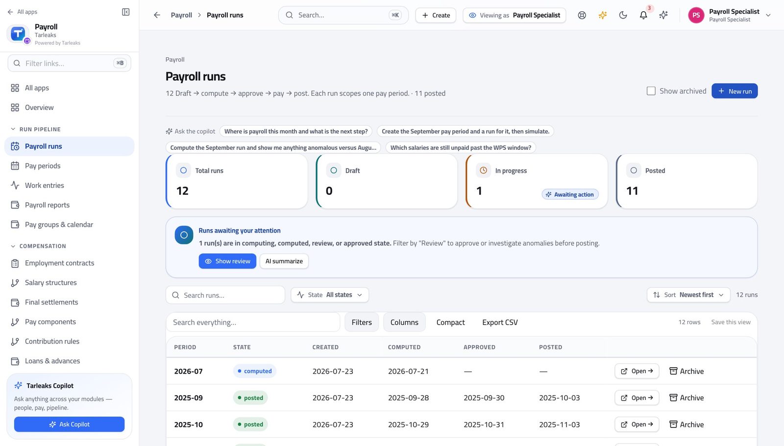 Payroll Specialist view of open the run register in Tarleaks ERP