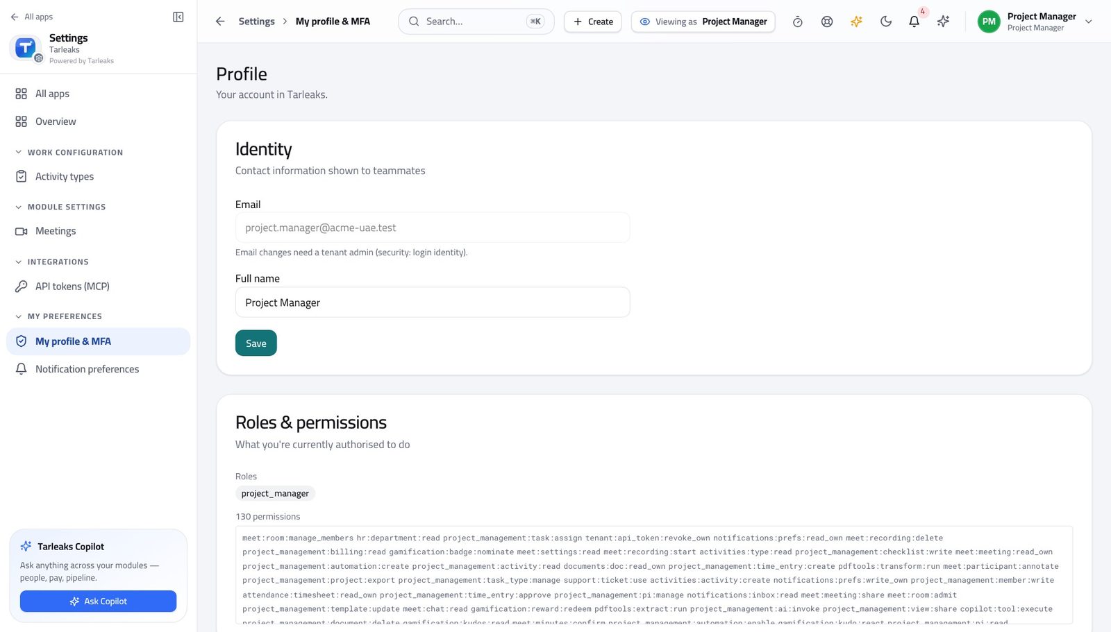 Project Manager view of check what your sign-in can do in Tarleaks ERP