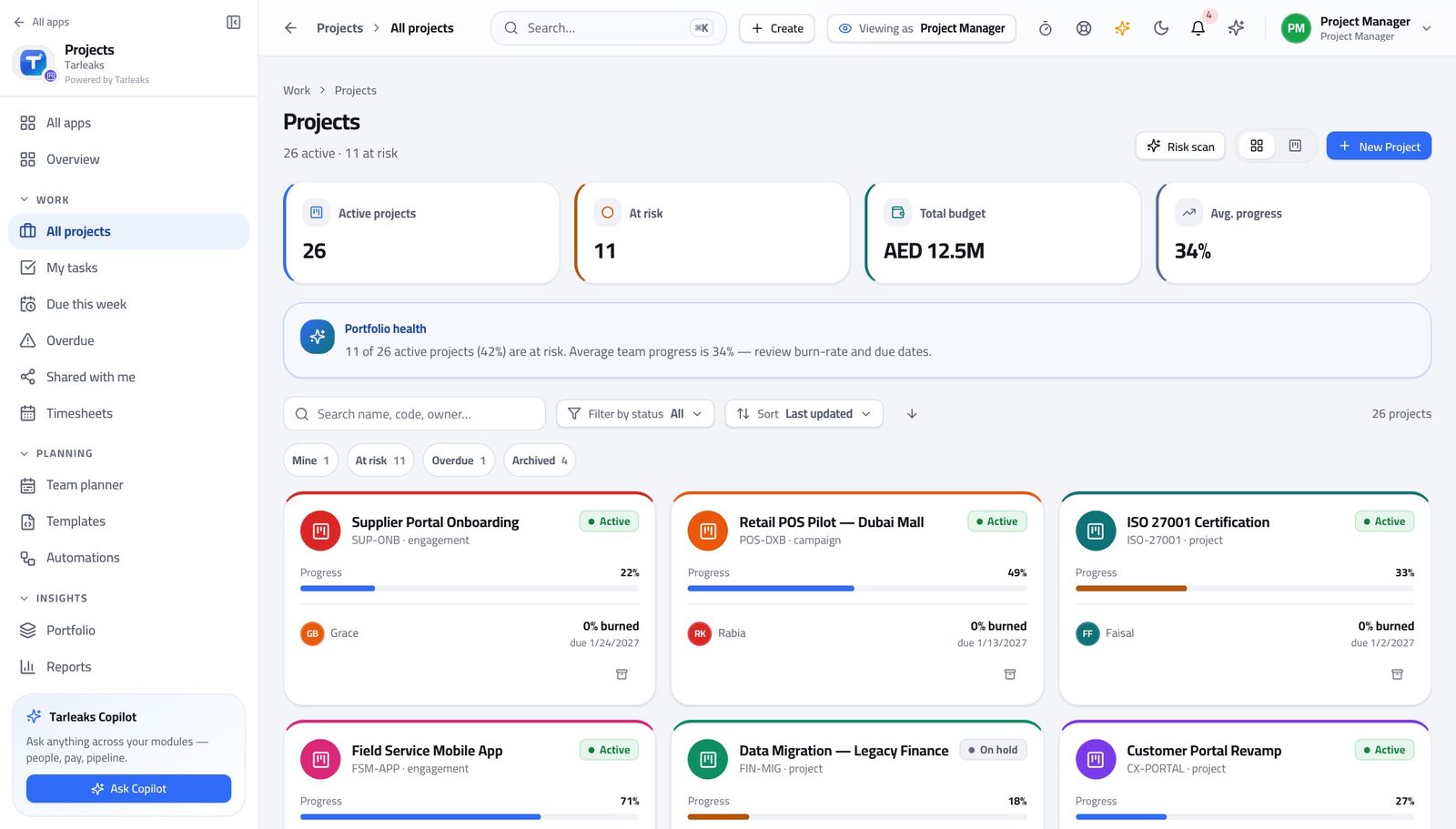 Project Manager view of see every project on one screen in Tarleaks ERP