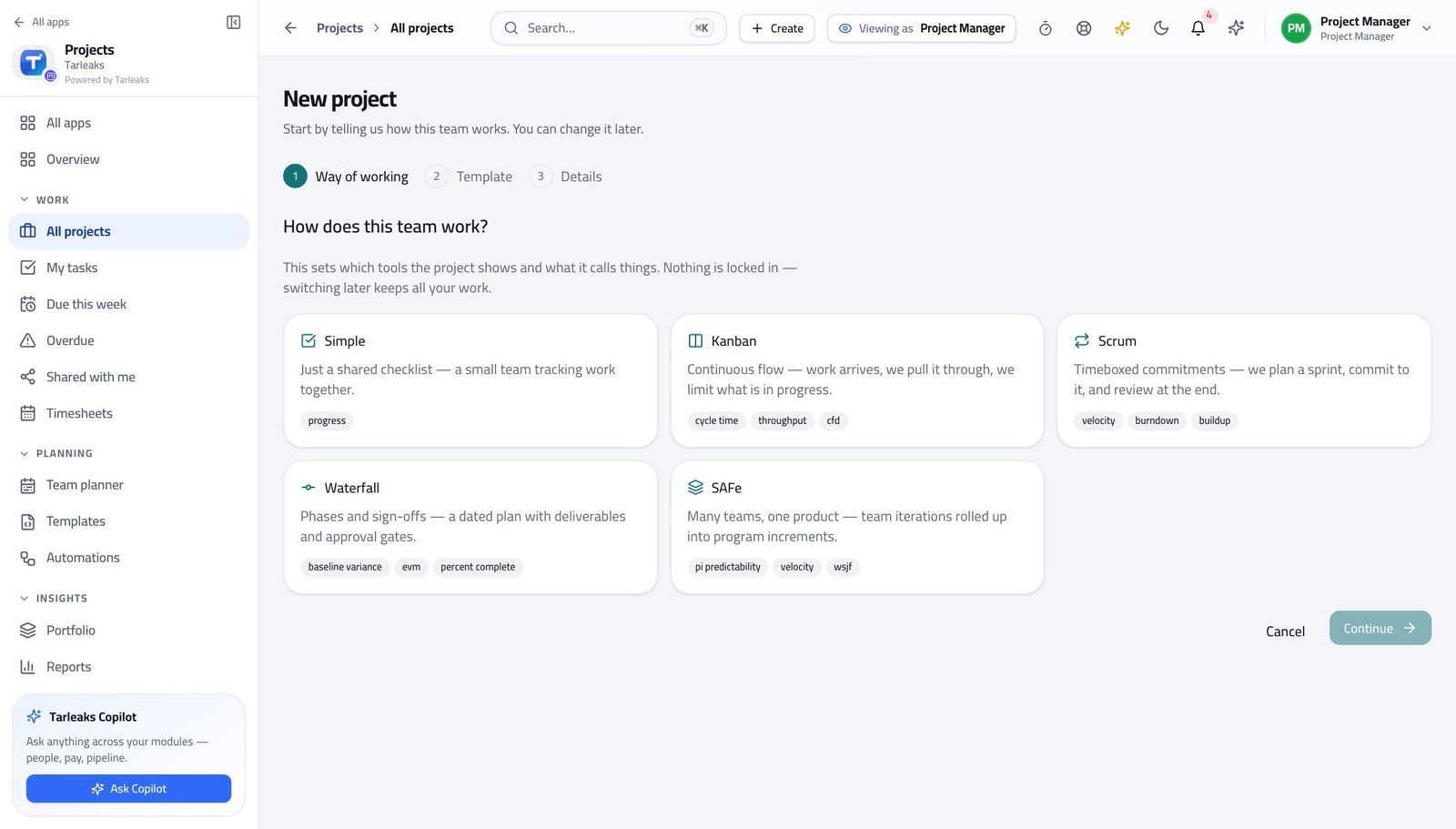 Project Manager view of start a project from a way of working in Tarleaks ERP