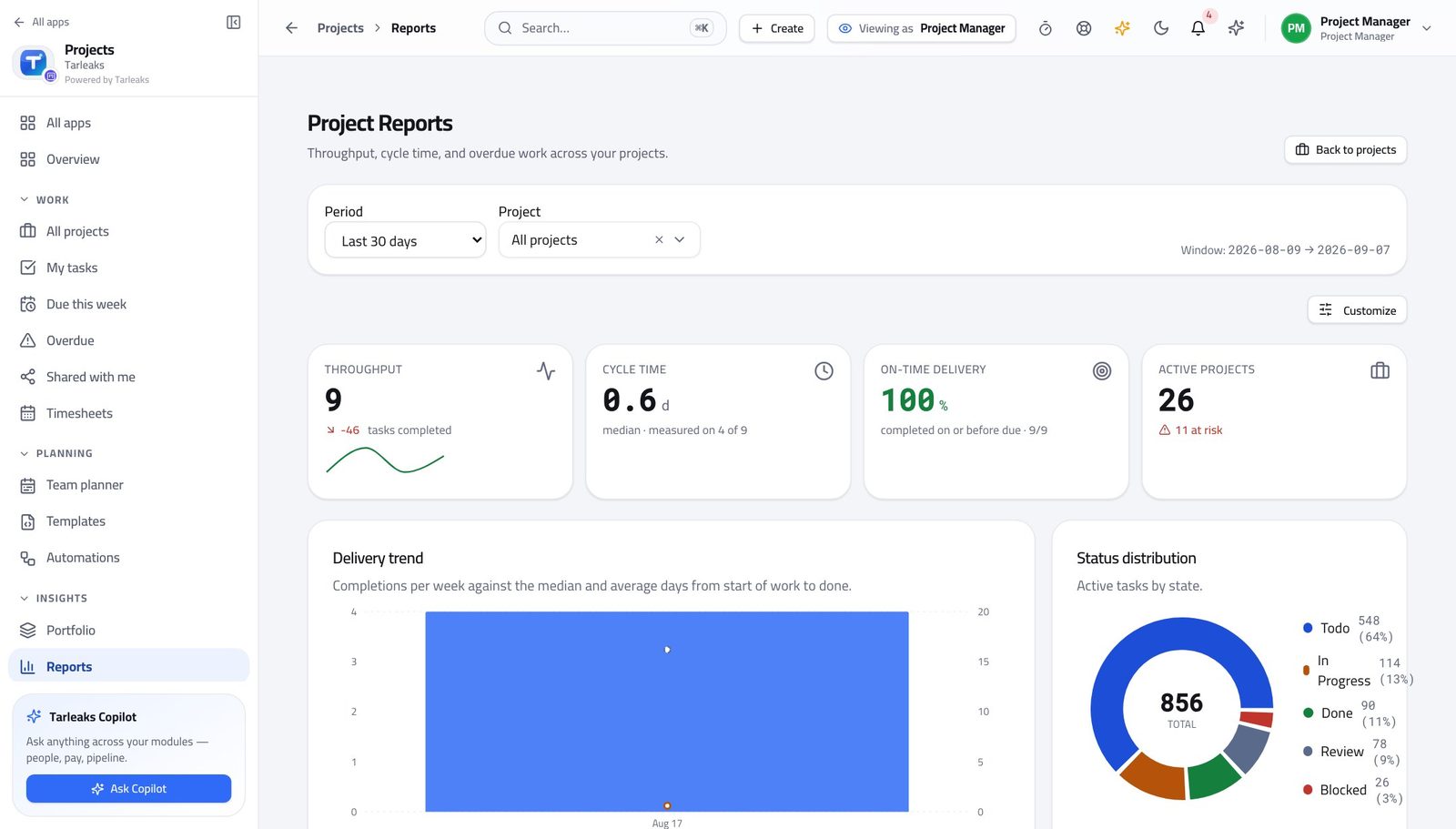 Project Manager view of get the numbers without building them in Tarleaks ERP
