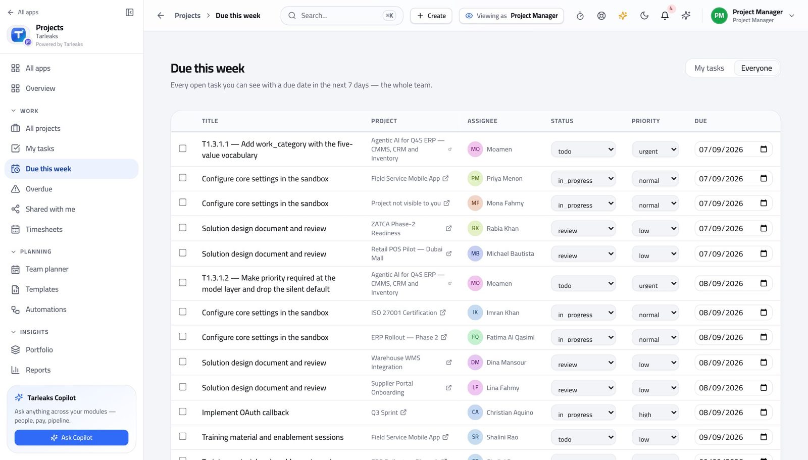 Project Manager view of see what lands this week in Tarleaks ERP