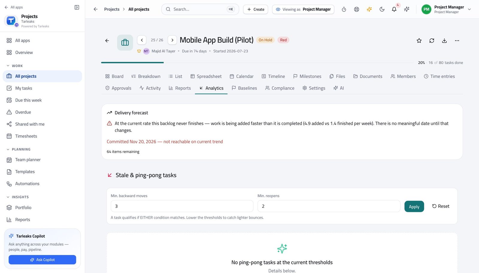 Project Manager view of check whether progress matches the spend in Tarleaks ERP