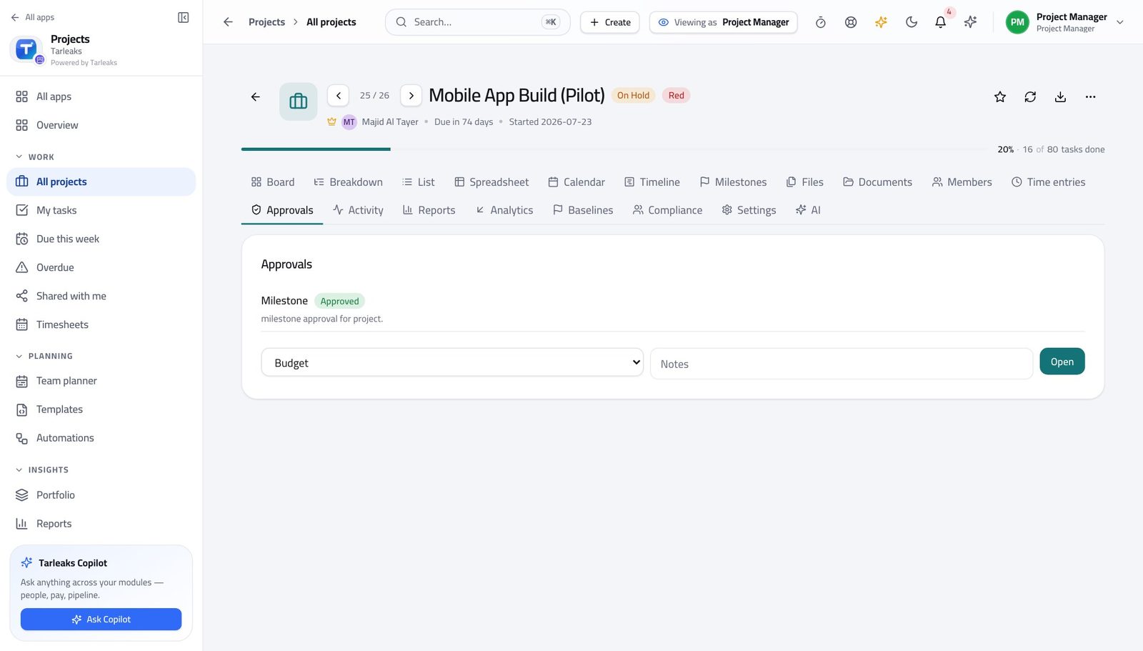 Project Manager view of read what is waiting on a decision in Tarleaks ERP