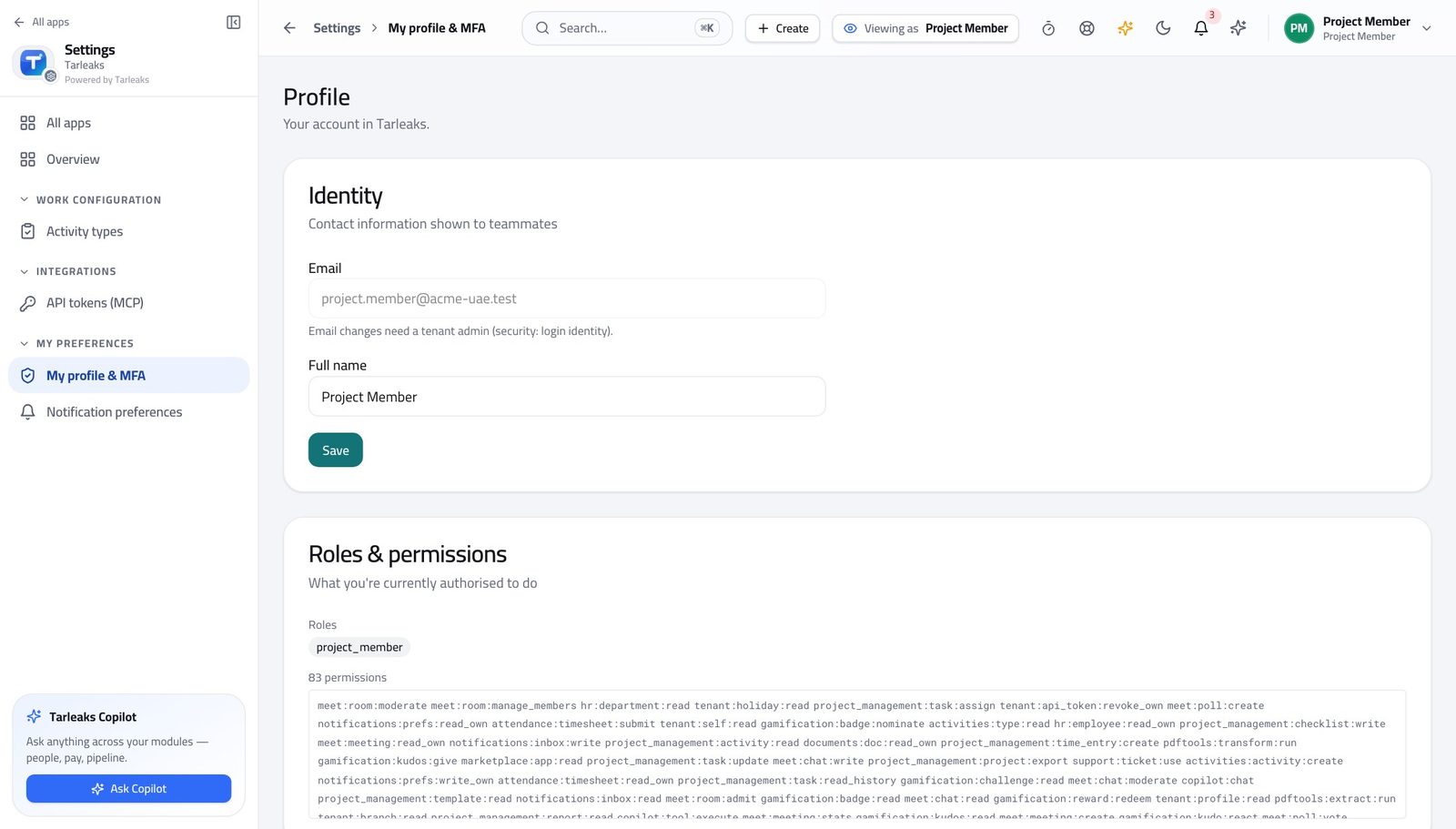 Team Member view of check what your sign-in can do in Tarleaks ERP