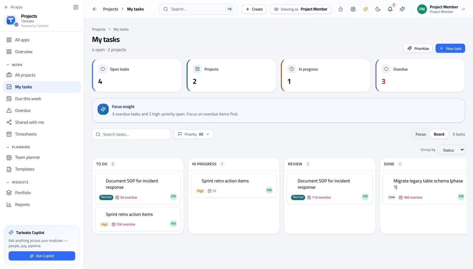 Team Member view of the same work, as a board in Tarleaks ERP
