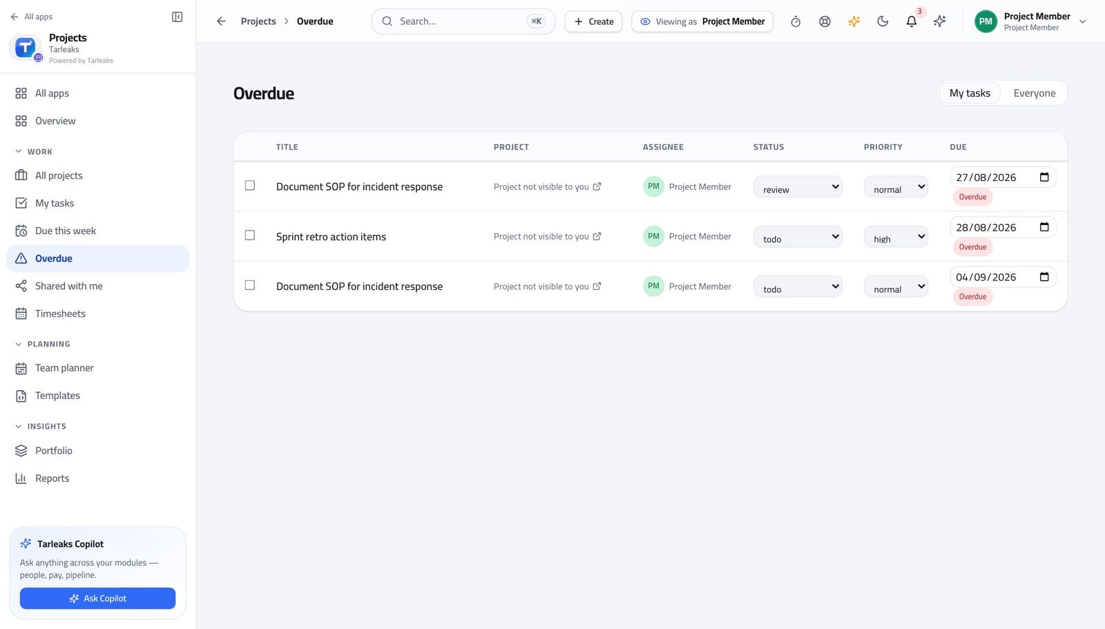 Team Member view of see what of yours is late in Tarleaks ERP
