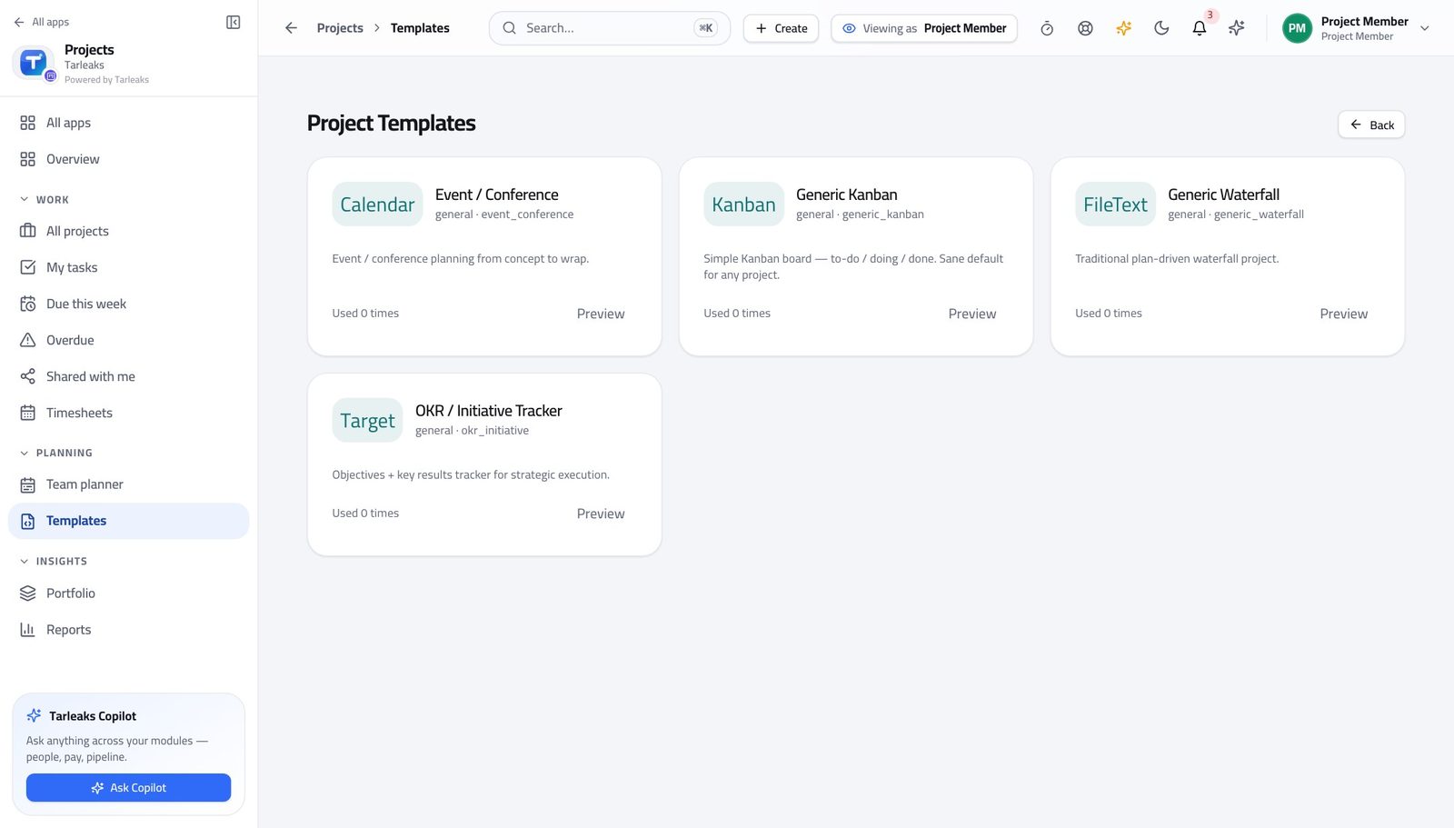 Team Member view of read the blueprint a project starts from in Tarleaks ERP