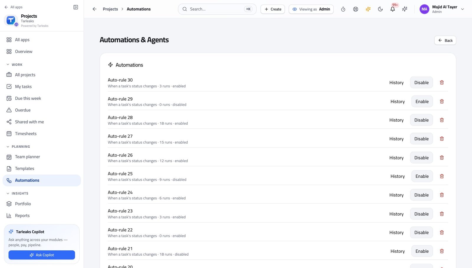 Tenant Administrator view of let an agent do the writing in Tarleaks ERP